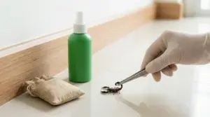 Mano con guanto che rimuove uno scorpione da un pavimento con una pinzetta vicino a uno spray e un sacchetto