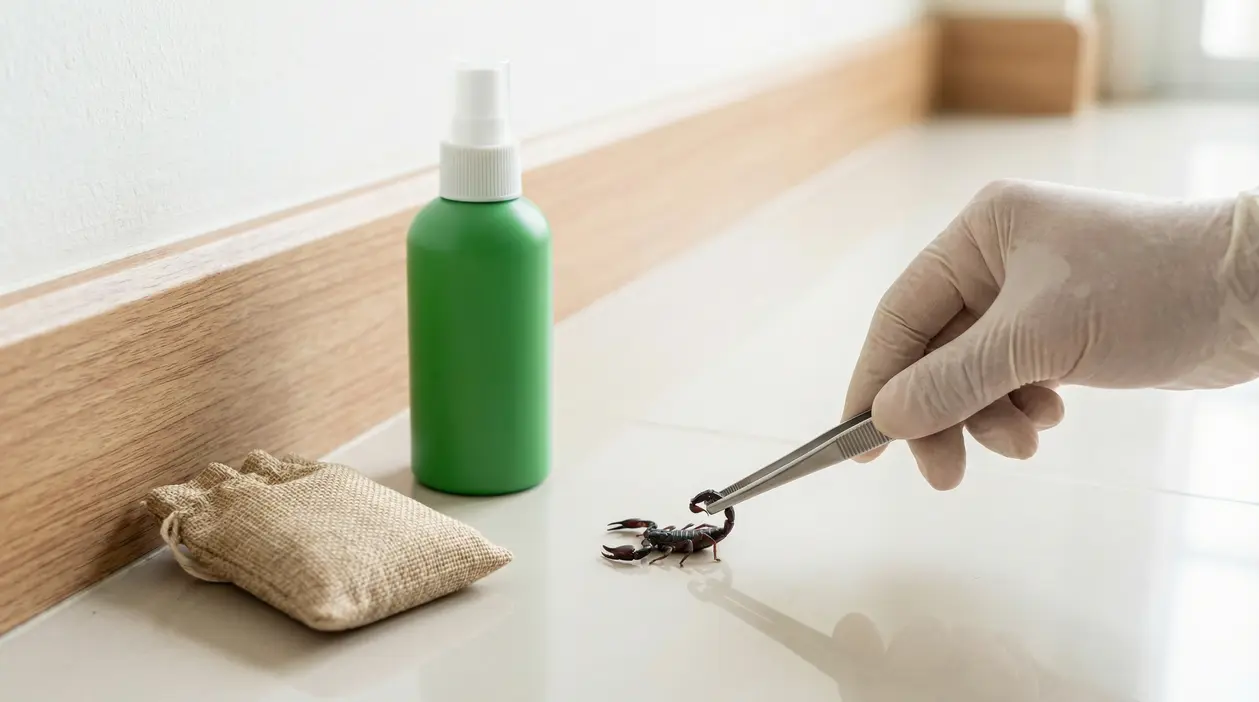 Mano con guanto che rimuove uno scorpione da un pavimento con una pinzetta vicino a uno spray e un sacchetto