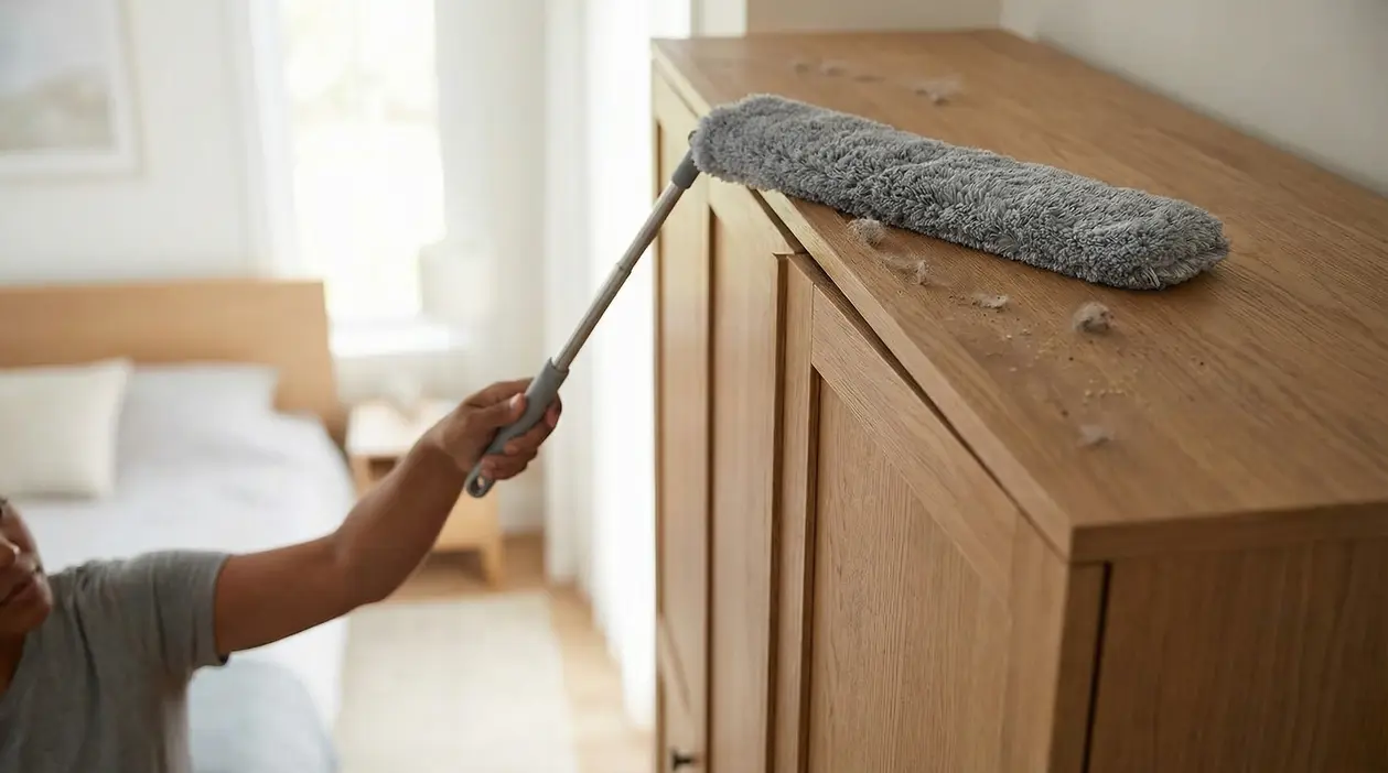Una persona usa un piumino per rimuovere la polvere dalla parte superiore di un armadio in legno