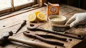 Attrezzi arrugginiti su un banco da lavoro con limone, bicarbonato e una spazzola