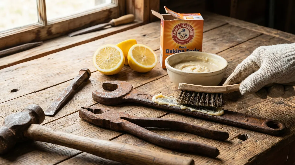 Attrezzi arrugginiti su un banco da lavoro con limone, bicarbonato e una spazzola