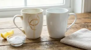 Due tazze bianche, una con macchie di tè e una pulita, su un tavolo di legno con limone e bicarbonato