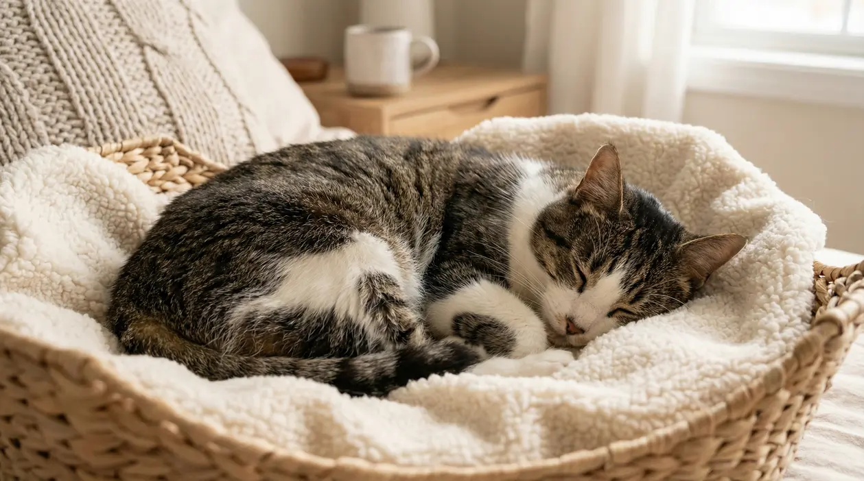 Gatto anziano che dorme in un cesto morbido vicino a una finestra