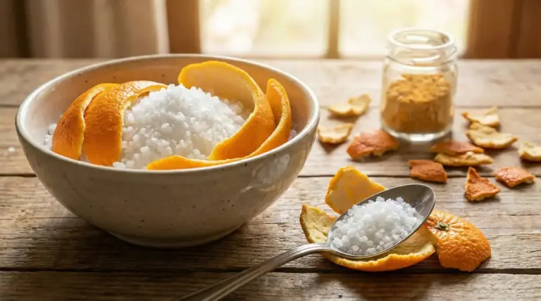 Ciotola con sale grosso e bucce d'arancia su un tavolo di legno