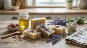 Saponi artigianali con lavanda, olio e fiori secchi su un tavolo di legno in cucina