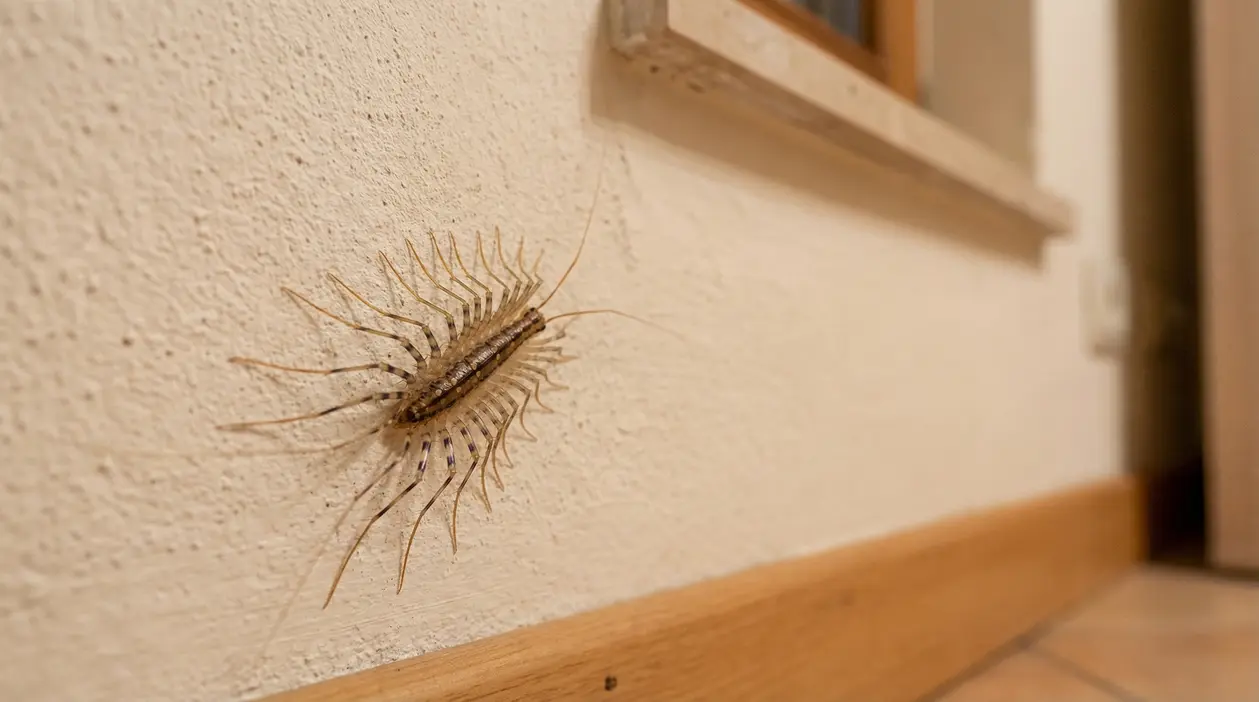 Scutigera in casa su un muro vicino al pavimento