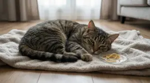 Gatto tigrato sdraiato su una coperta con espressione stanca accanto a una ciotola con vermi