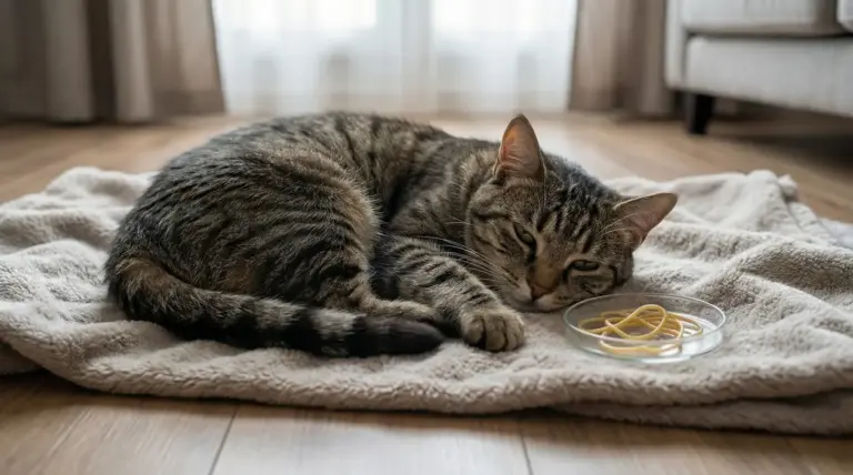 Gatto tigrato sdraiato su una coperta con espressione stanca accanto a una ciotola con vermi