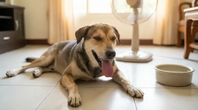 Cane sdraiato sul pavimento vicino a una ciotola d'acqua e un ventilatore in casa