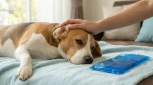 Cane sdraiato su una coperta con una mano che gli tocca la testa