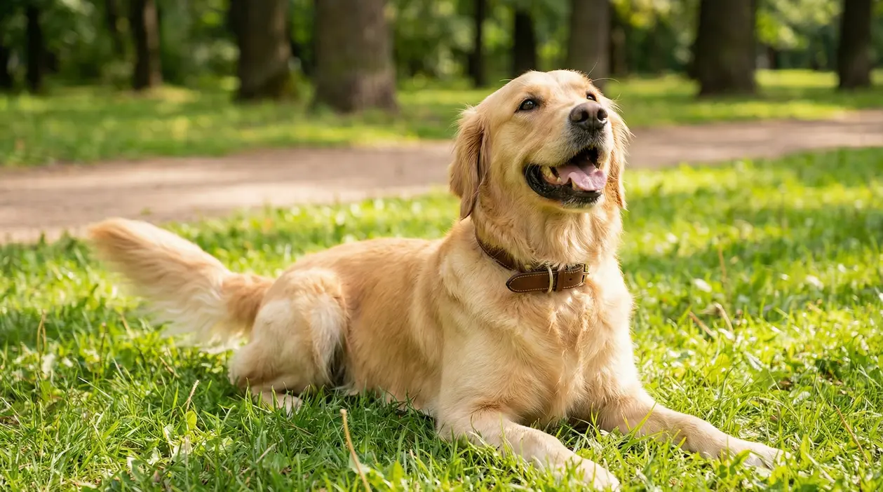 Cane sdraiato sull'erba in un parco, con espressione felice e rilassata