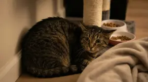 Gatto tigrato nascosto accanto a una parete, vicino a ciotole di cibo