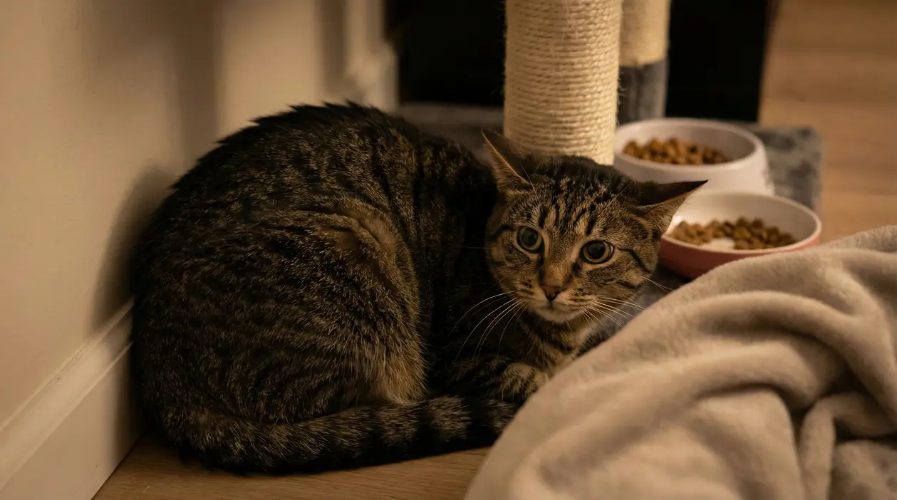 Gatto tigrato nascosto accanto a una parete, vicino a ciotole di cibo