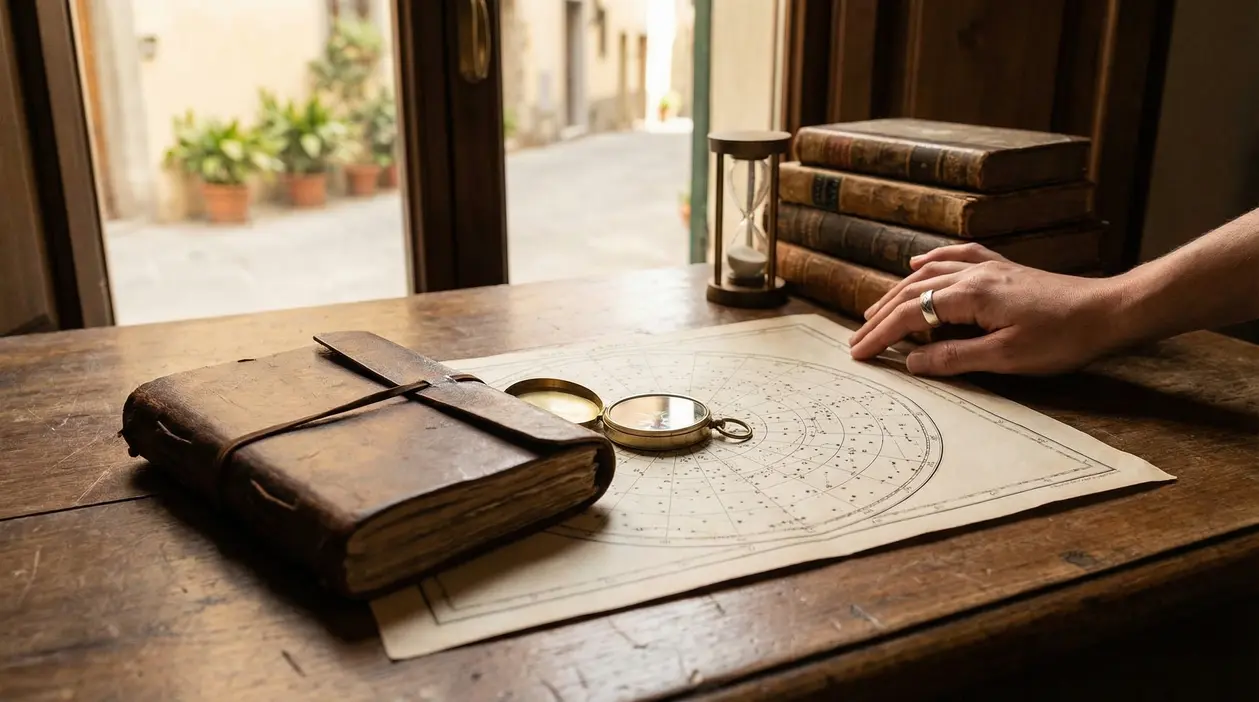 Una mano osserva una mappa astrologica su un tavolo con libri antichi e una clessidra