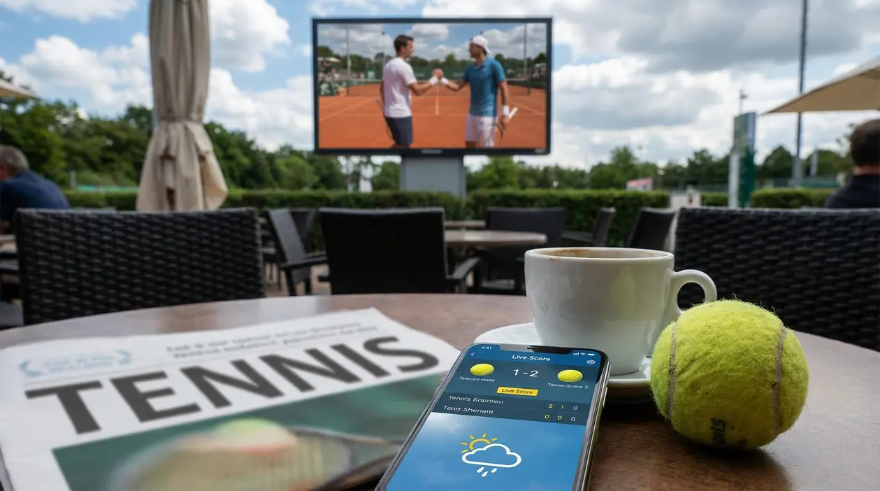 Tavolo con tazzina di caffè, pallina da tennis e smartphone con risultati live.