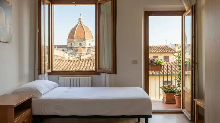 Camera semplice con vista sulla cupola del Duomo di Firenze da una finestra aperta