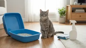 Gatto seduto accanto a lettiera, spray detergente e panno su pavimento di casa