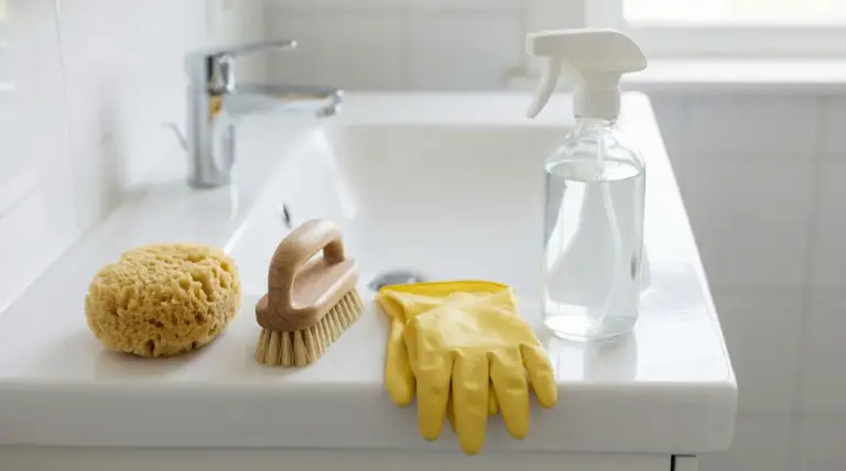 Spugna, spazzola, guanti di gomma e spray su un lavandino da bagno