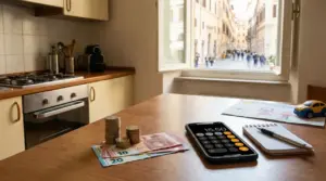 Monete, banconote e smartphone con calcolatrice su un tavolo in cucina vicino a un disegno infantile