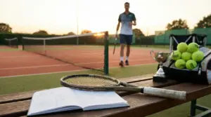 Campo da tennis con racchetta, quaderno di appunti, coppa e palline su una panchina