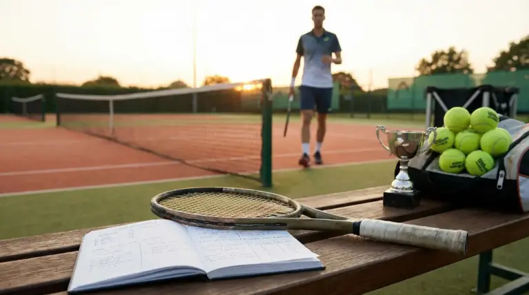 Campo da tennis con racchetta, quaderno di appunti, coppa e palline su una panchina