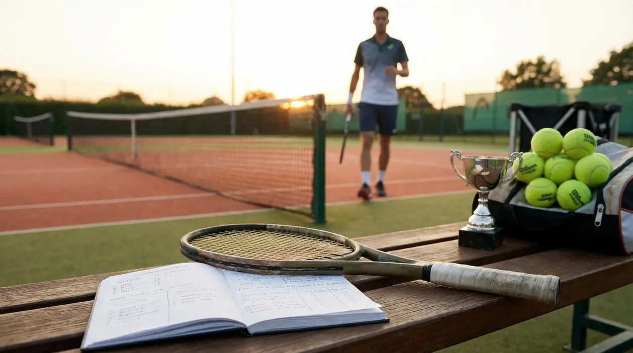 Campo da tennis con racchetta, quaderno di appunti, coppa e palline su una panchina