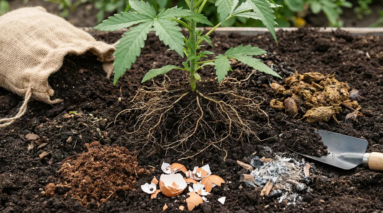 Pianta con radici visibili circondata da compost e materiali naturali nel terreno