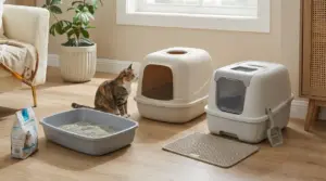 Gatto in una stanza con tre tipi di lettiere per gatti e accessori per la pulizia