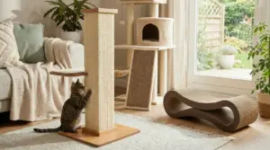 Gatto che utilizza un tiragraffi in un soggiorno arredato con altri modelli di tiragraffi