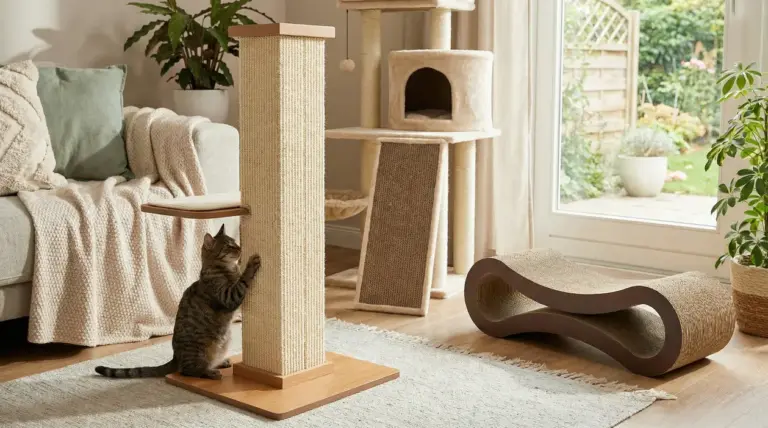 Gatto che utilizza un tiragraffi in un soggiorno arredato con altri modelli di tiragraffi