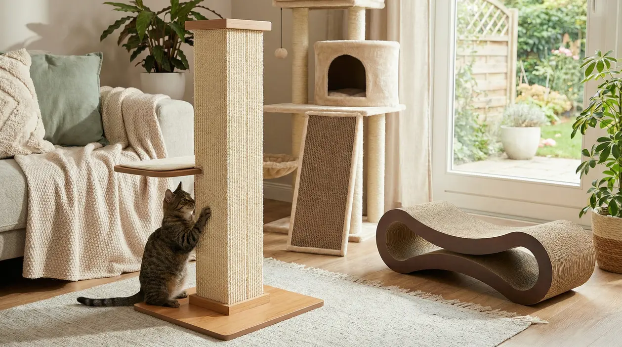 Gatto che utilizza un tiragraffi in un soggiorno arredato con altri modelli di tiragraffi