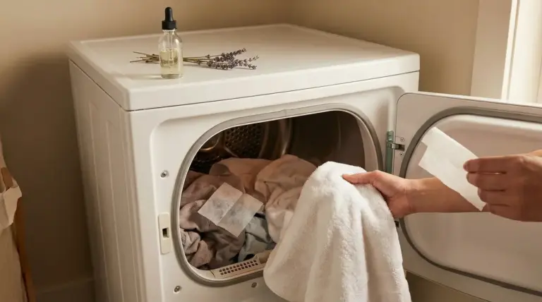Una mano inserisce un foglio profumato in un'asciugatrice con asciugamani all'interno