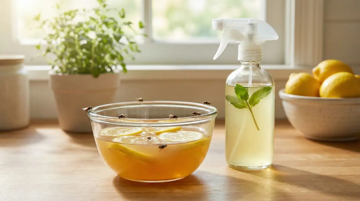 Ciotola con limone e mosche accanto a uno spray naturale su un tavolo in cucina