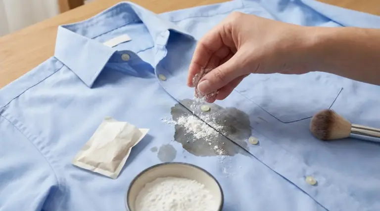 Una mano applica polvere su una camicia azzurra con una macchia d'olio evidente