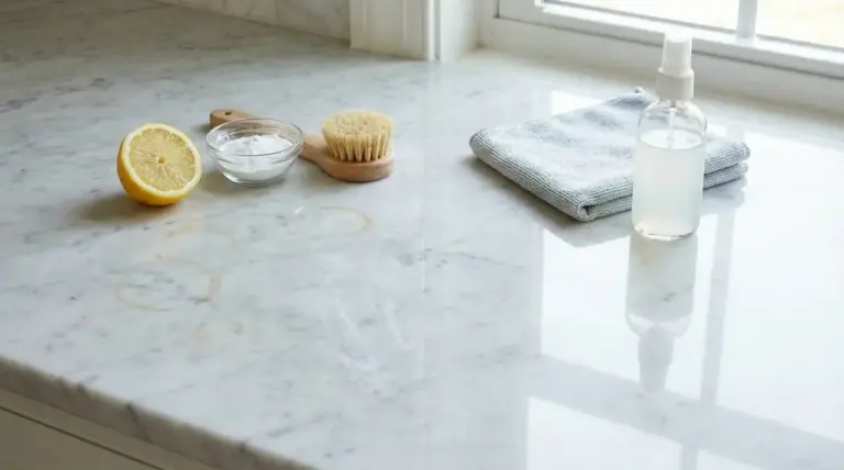 Piano in marmo con segni di opacità e prodotti naturali per la pulizia