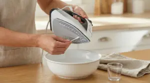 Persona pulisce la piastra di un ferro da stiro con un cotton fioc sopra una ciotola