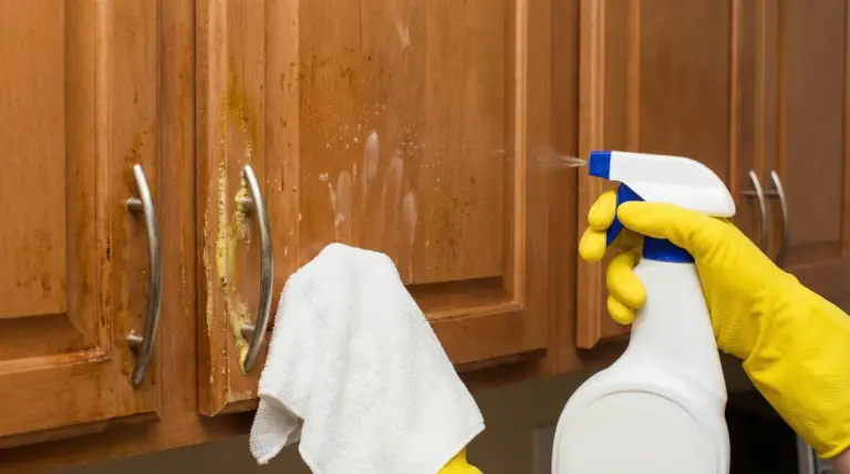 Pulizia di mobili da cucina unti con spray sgrassante e panno