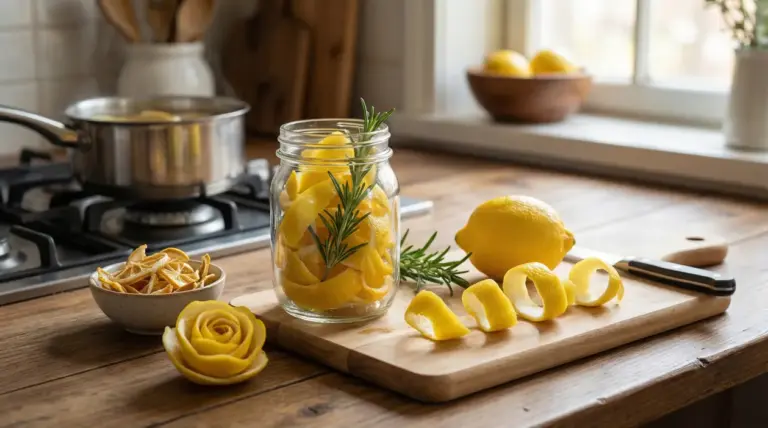 Bucce di limone con rosmarino in un barattolo su un tavolo da cucina vicino a un limone intero e una pentola sul fornello