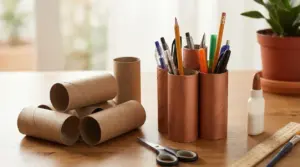 Rotoli di carta igienica riutilizzati come portapenne su un tavolo da lavoro
