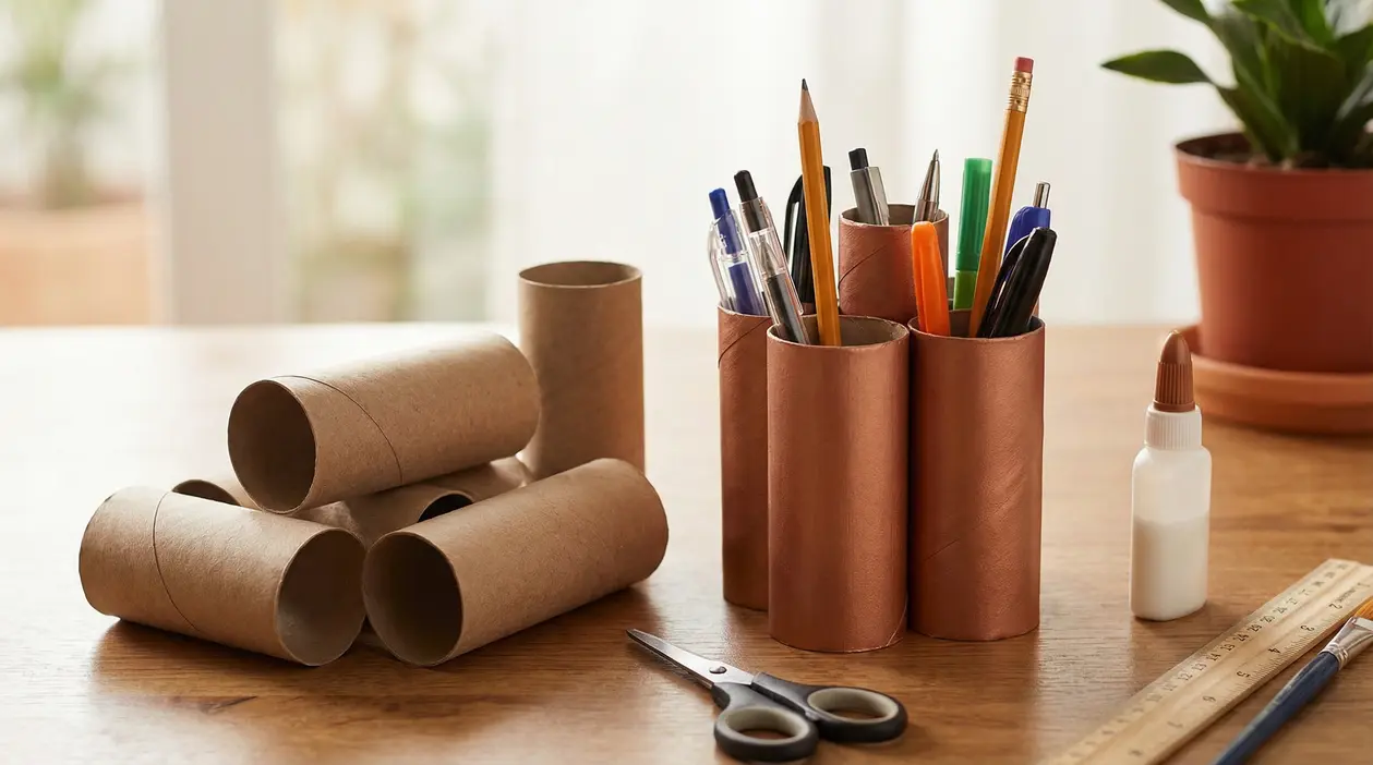 Rotoli di carta igienica riutilizzati come portapenne su un tavolo da lavoro