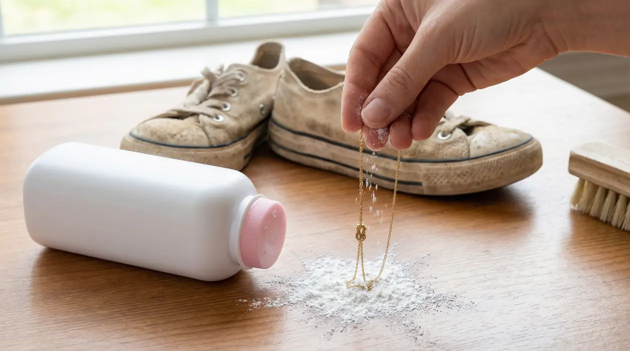 Una mano usa talco per sciogliere un nodo su una collana dorata vicino a scarpe usurate.