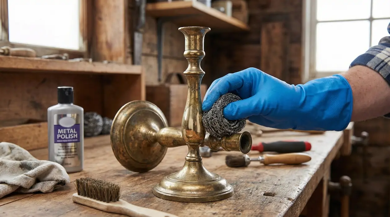 Una mano con guanto blu pulisce un candelabro di ottone con una spugna di lana d'acciaio