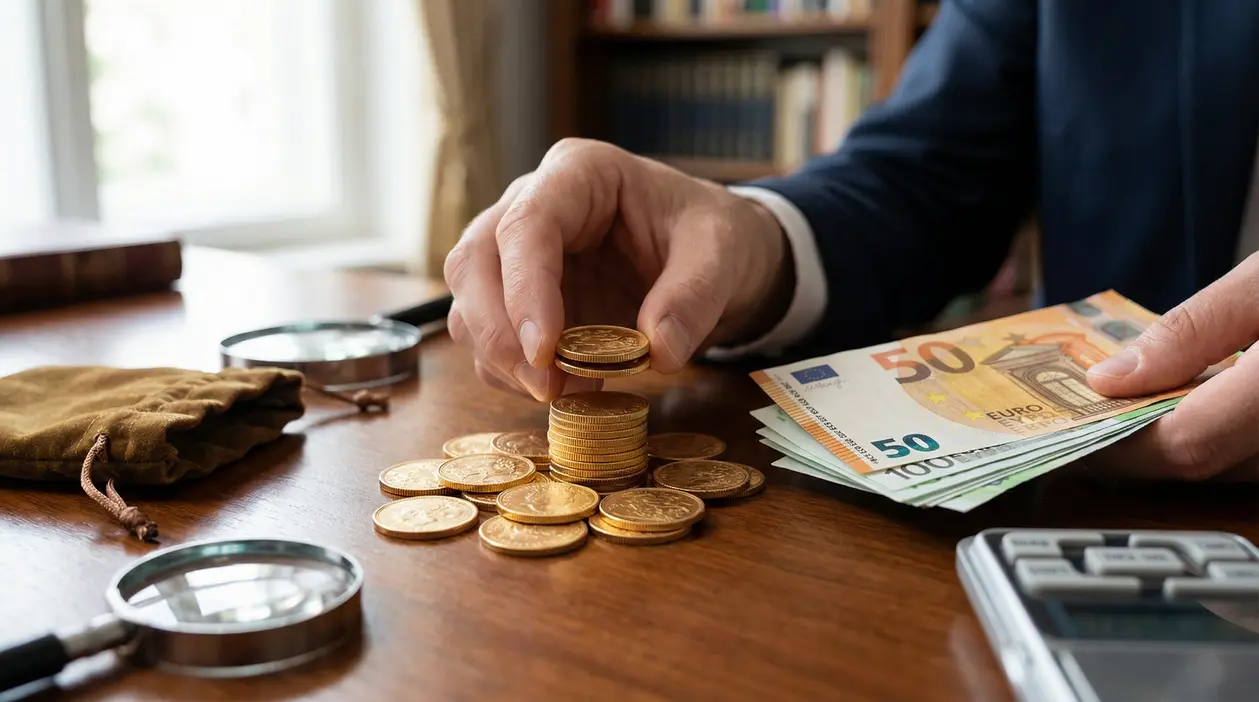 Persona che conta sterline d'oro e banconote da cinquanta euro su un tavolo