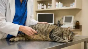 Gatto disteso su un tavolo veterinario durante una visita medica