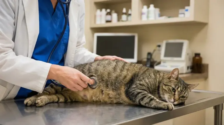 Gatto disteso su un tavolo veterinario durante una visita medica